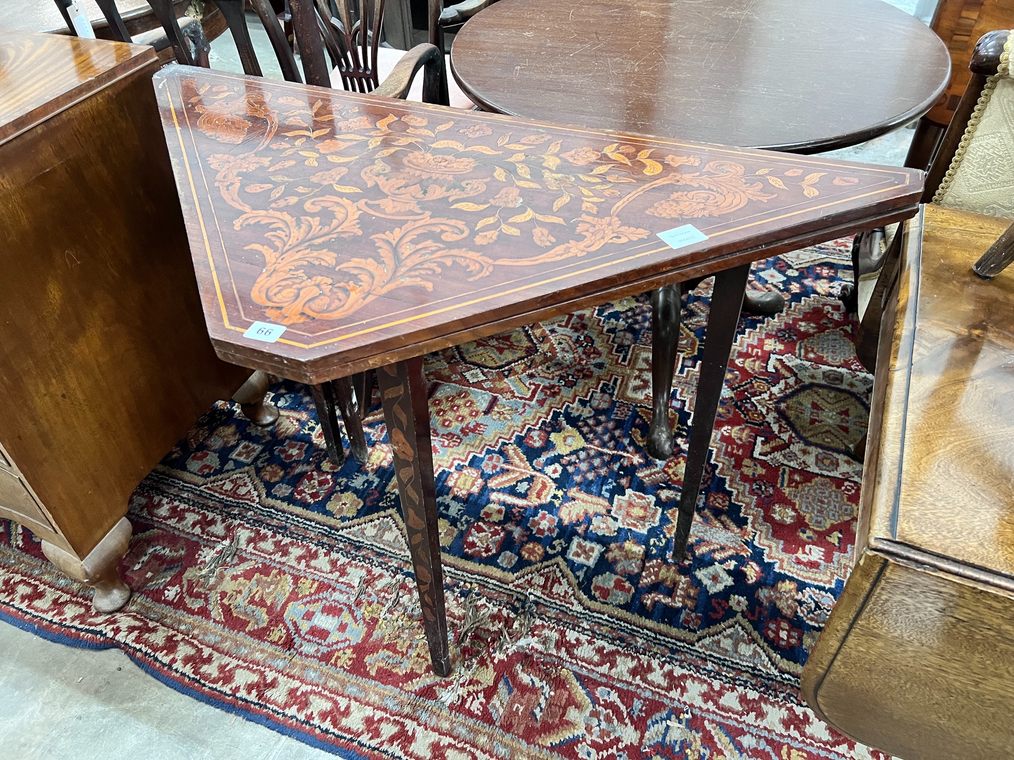 A 19th century Dutch mahogany and floral marquetry inlaid walnut folding card table, width 104cm, depth 52cm, height 77cm *Please note the sale commences at 9am.
